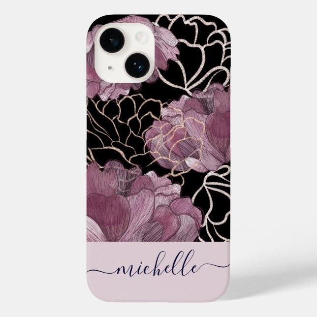 Elegant Pink & Black Floral Monogrammed Case-Mate iPhone Case (Back)