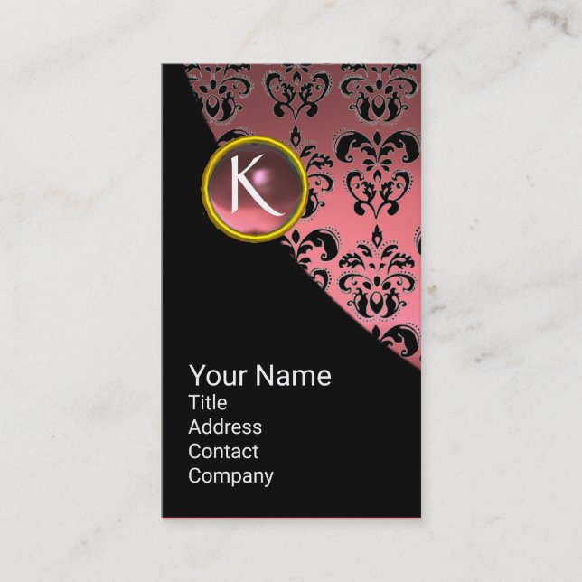 ELEGANT PINK BLACK GOLD DAMASK GEMSTONE MONOGRAM BUSINESS CARD (Front)