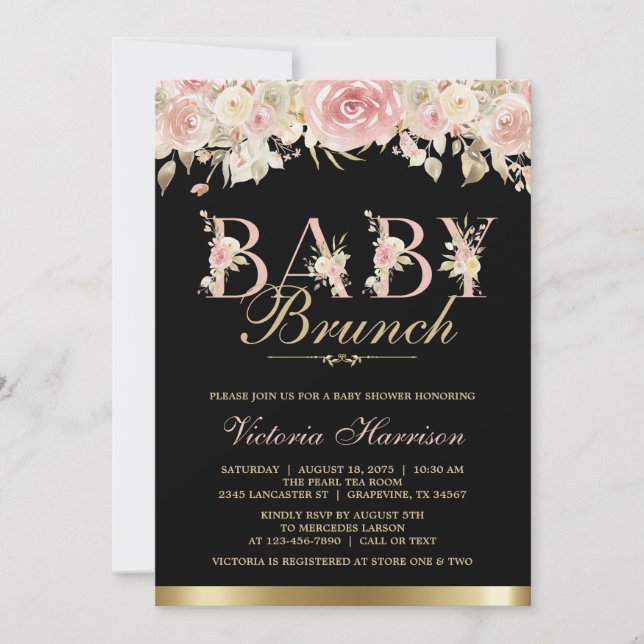 Elegant Pink Black Gold Floral Baby Shower Brunch Invitation (Front)