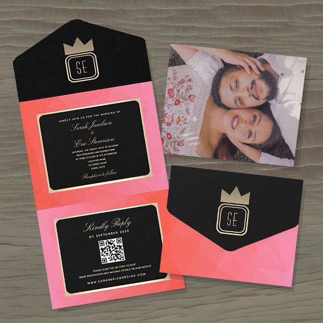 Elegant Pink Black Gold Monogram Wedding Invite (Creator Uploaded)