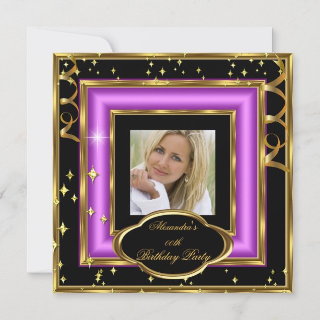 Elegant Pink Black Gold Photo Birthday Party 2 Invitation (Front)