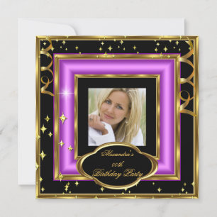 Elegant Pink Black Gold Photo Birthday Party 2 Invitation