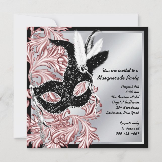 Elegant Pink Black Masquerade Party Invitation (Front)