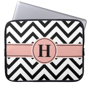 Elegant Pink & Black Monogrammed Rose Gold Chevron Laptop Sleeve