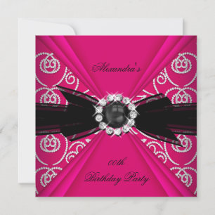 Elegant Pink Black Pearl Bow Birthday Party Invitation