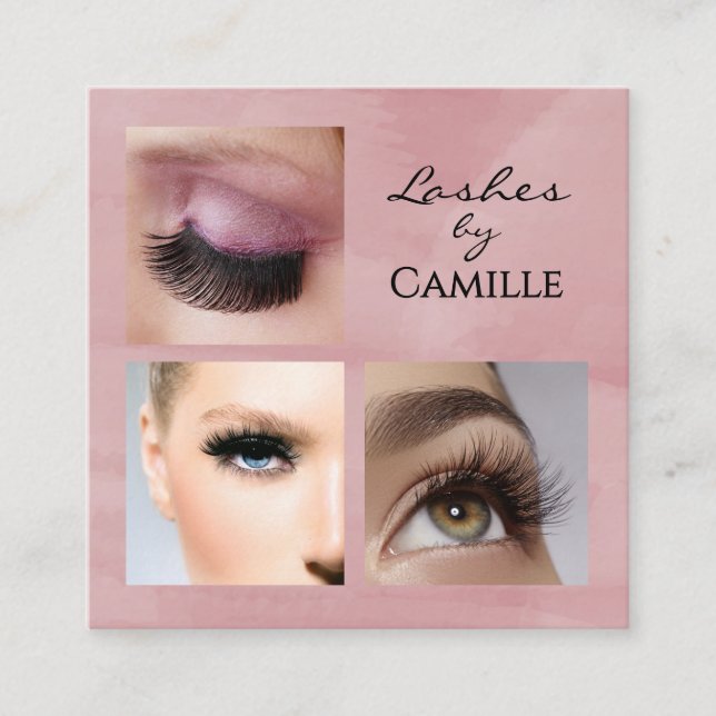Elegant Pink Black Script 3 Photo Makeup Square Business Card (Front)
