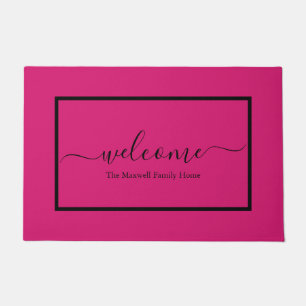 Elegant pink black script family name welcome   doormat