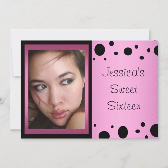 Elegant Pink Black Spots Photo Sweet 16 Invitation (Front)