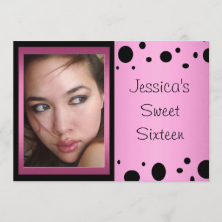 Elegant Pink Black Spots Photo Sweet 16 Invitation