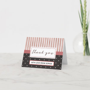 Elegant Pink Black Stripes Polka Dots Thank You Card