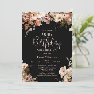 Elegant Pink Black Watercolor Floral 90th Birthday Invitation