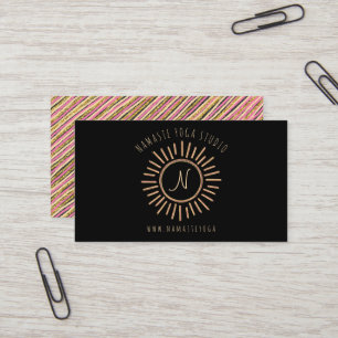Elegant Pink Black Yellow Gold Sun Monogram  Business Card