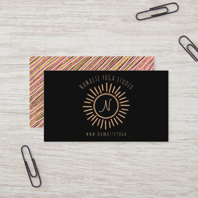 Elegant Pink Black Yellow Gold Sun Monogram  Business Card (Front/Back In Situ)