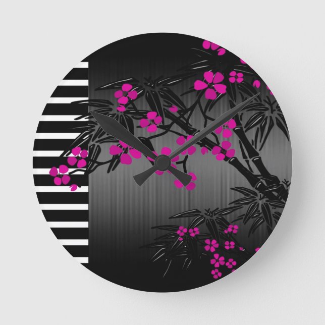 Elegant Pink Blossom Black Asian Bamboo Round Clock (Front)