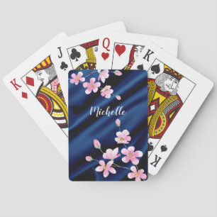 Elegant Pink Blossom Blue Satin Personalised   Playing Cards