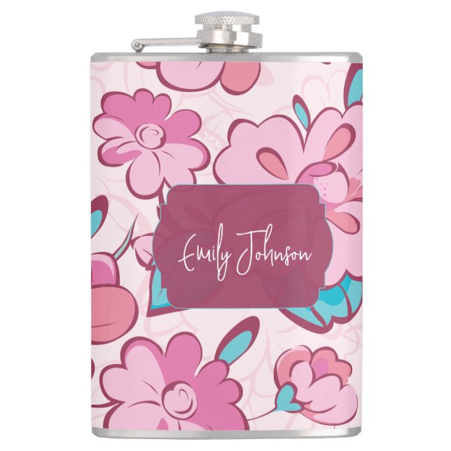 Elegant Pink Blossom Custom Name Floral Design Hip Flask (Front)