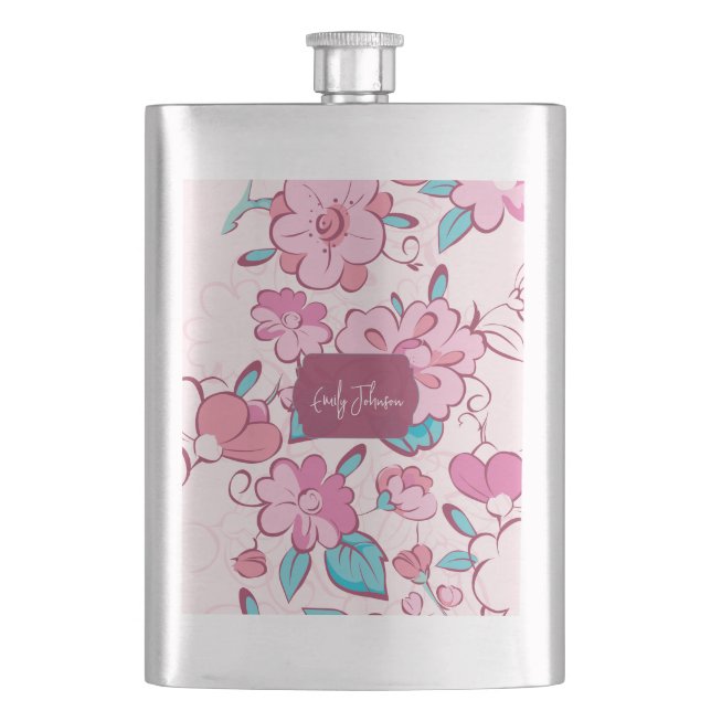 Elegant Pink Blossom Custom Name Floral Design Hip Flask (Front)