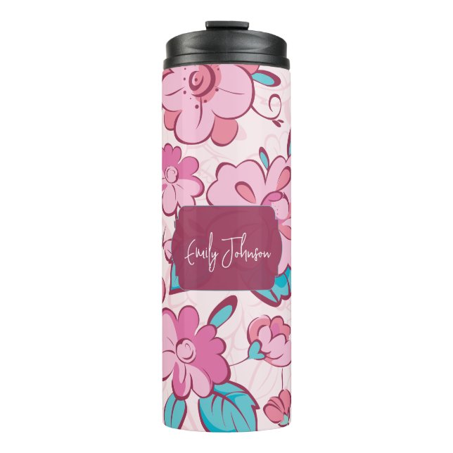 Elegant Pink Blossom Custom Name Floral Design Thermal Tumbler (Front)