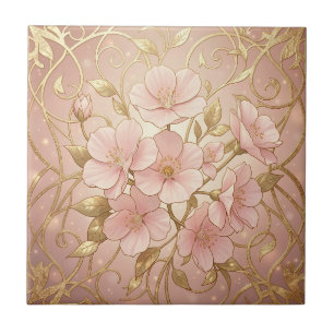 Elegant Pink Blossom Gold Frame Ceramic Tile