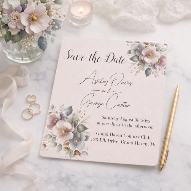Elegant pink, blue, and cream floral wedding  save the date (Creator Uploaded)
