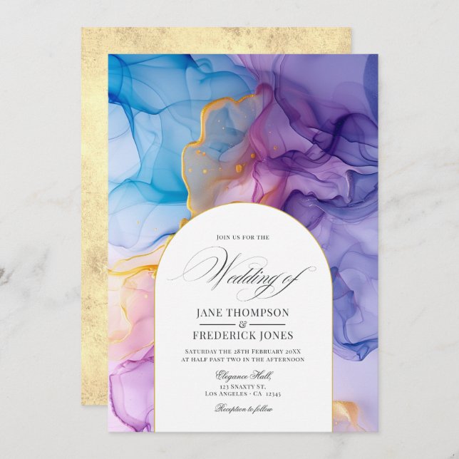 Elegant Pink, Blue and Gold Flowing Ink Wedding Invitation (Front/Back)
