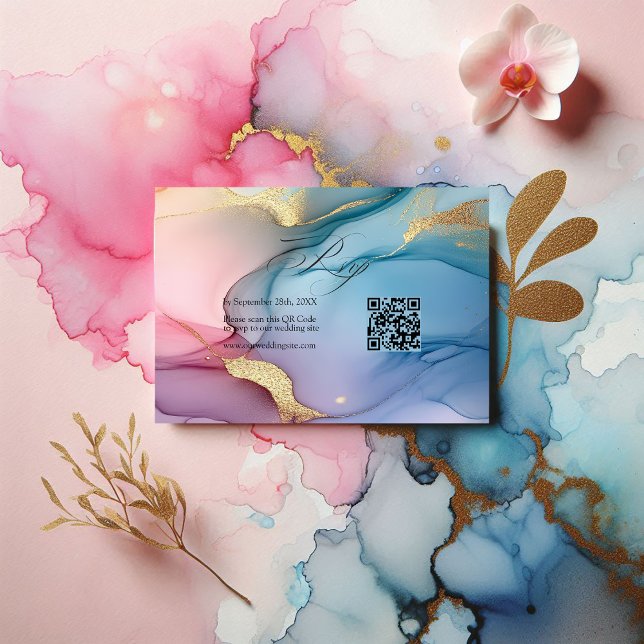 Elegant Pink, Blue and Gold Flowing Ink Wedding RSVP Card (Elegant Pink, Blue and Gold Flowing Ink Wedding RSVP Card)