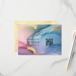 Elegant Pink, Blue and Gold Flowing Ink Wedding RSVP Card