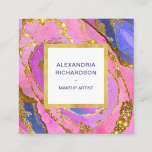 Elegant Pink Blue and Gold Geode Square Business Card