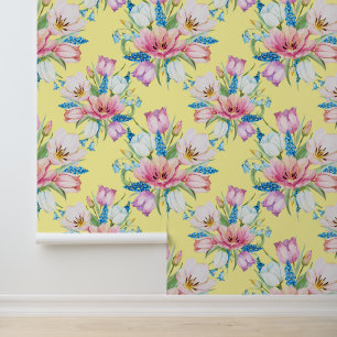 Elegant Pink, Blue and Yellow Floral Pattern Wallpaper