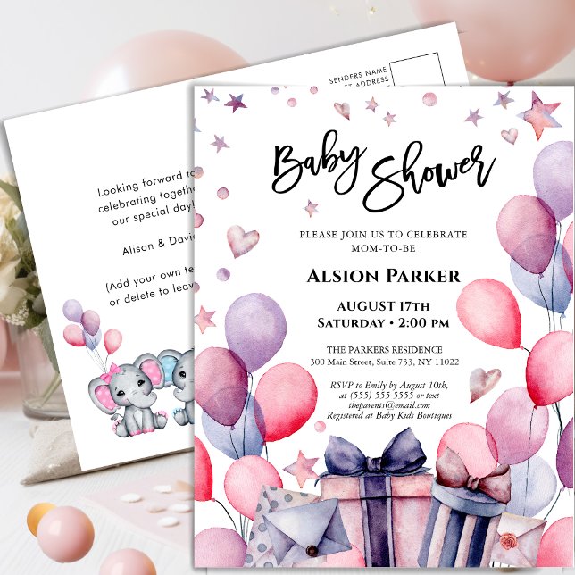 Elegant Pink Blue Balloons Stars Colour Baby Showe Invitation Postcard (Creator Uploaded)