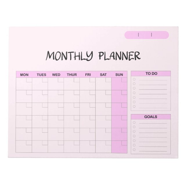 Elegant Pink Blue Blank Monthly Calendar Planner  Notepad (Front)
