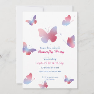 Elegant Pink Blue Butterfly 1st Birthday Invitation