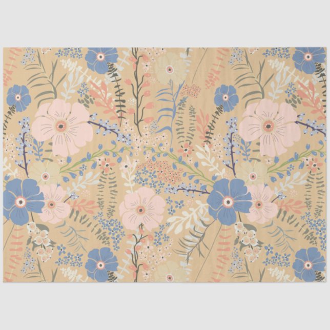 Elegant Pink Blue Caramel Floral Pattern Tissue Paper (Front)