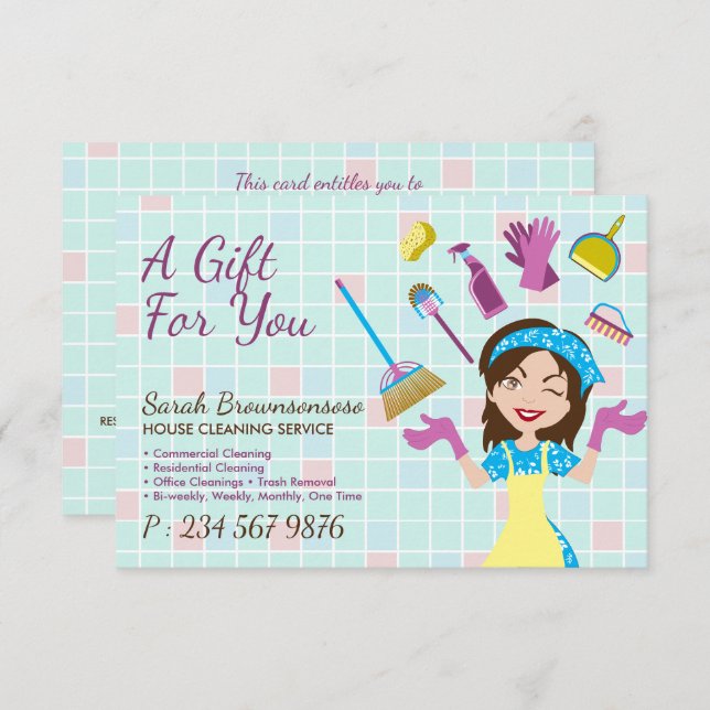 Elegant Pink Blue Cleaning Cute Maid Janitorial (Front/Back)