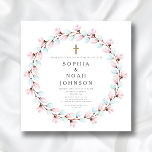 Elegant Pink Blue Cross Twins Baptism Invitation