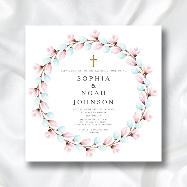 Elegant Pink Blue Cross Twins Baptism Invitation (Elegant Pink Blue Cross Twins Baptism Invitation)