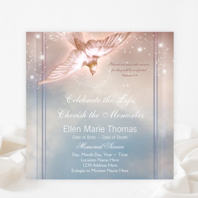 Elegant Pink Blue Dove In Loving Memory Memorial Invitation (Dove funeral and memorial announcement and invitation. )