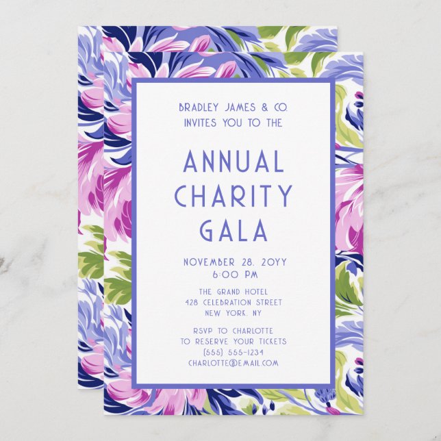 Elegant Pink Blue Floral Charity Event Gala Party Invitation (Front/Back)