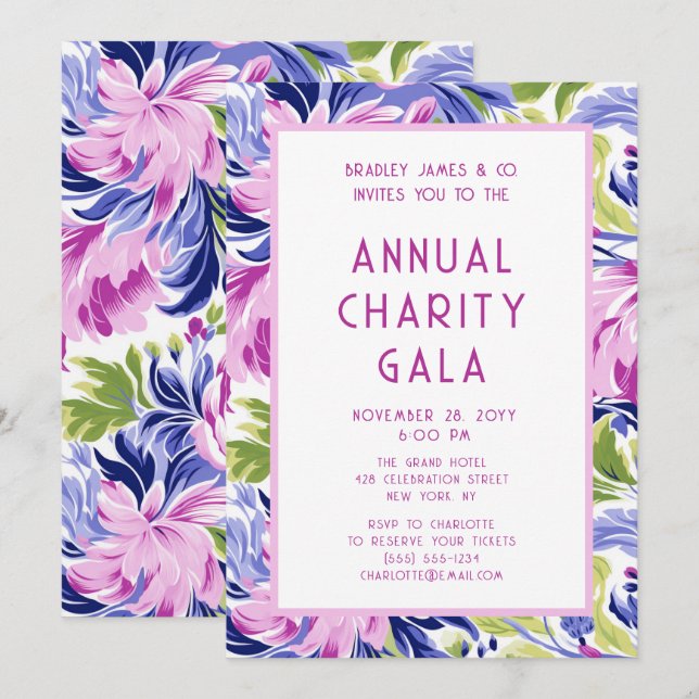 Elegant Pink Blue Floral Charity Event Gala Party Invitation (Front/Back)