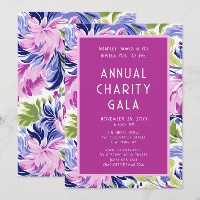 Elegant Pink Blue Floral Charity Event Gala Party Invitation (Front/Back)