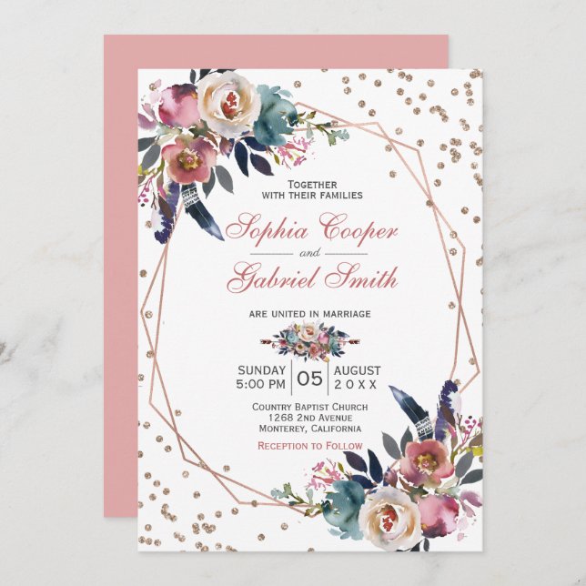 Elegant Pink Blue Floral | Gold Frame Wedding Invitation (Front/Back)