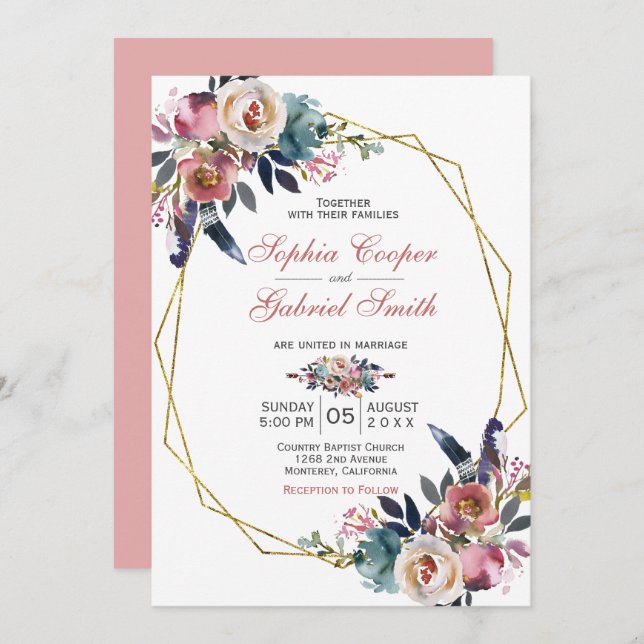 Elegant Pink Blue Floral | Gold Frame Wedding Invitation (Front/Back)