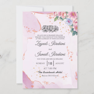 Elegant Pink blue Floral Islamic Muslim Wedding Invitation