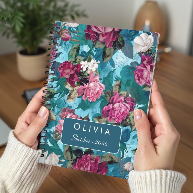 Elegant Pink Blue Floral Pattern Design Notebook (Creator Uploaded)