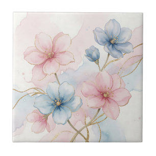 Elegant Pink Blue Floral Watercolor Ceramic Tile
