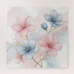 Elegant Pink Blue Floral Watercolor Jigsaw Puzzle