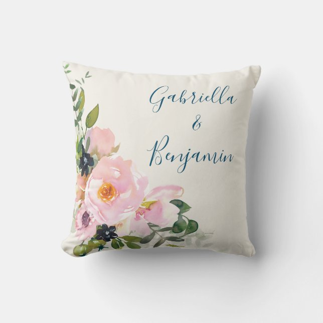 Elegant Pink Blue Floral Watercolor Personalised  Cushion (Front)