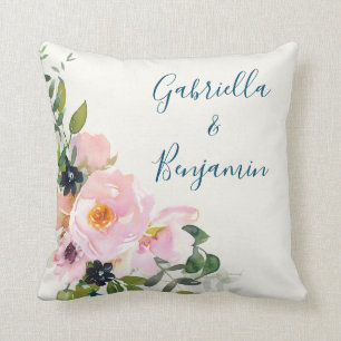 Elegant Pink Blue Floral Watercolor Personalised  Cushion