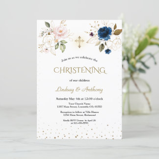 Elegant Pink Blue Gold Floral Twins Christening Invitation