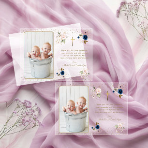Elegant Pink Blue Gold Floral Twins Photo Baptism Acrylic Invitations